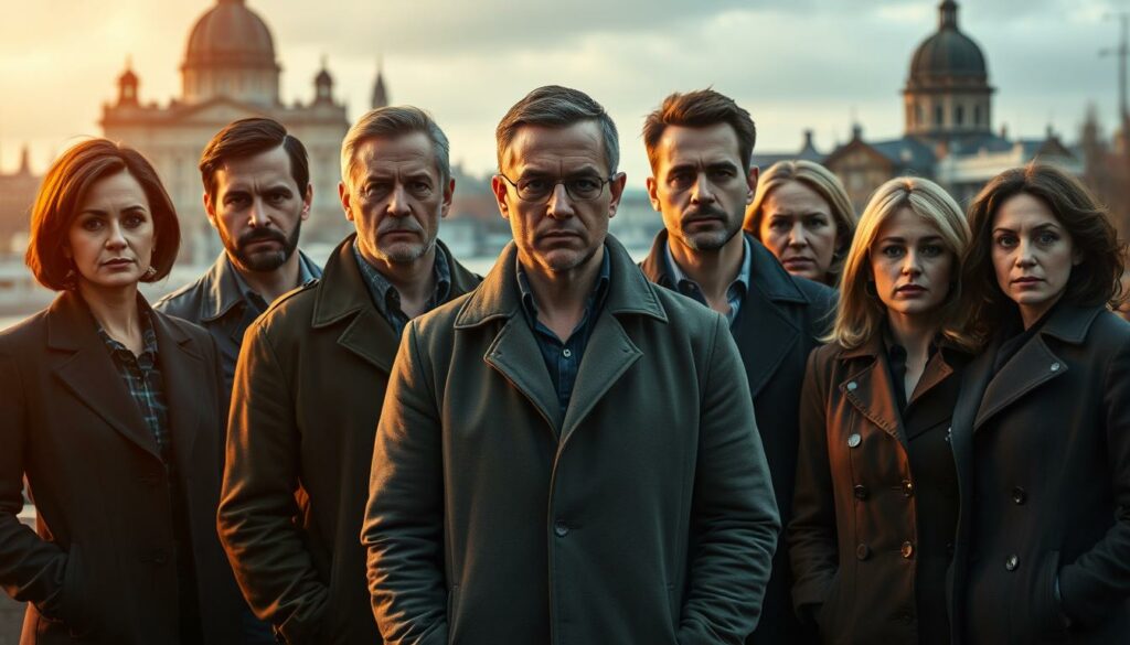 A group portrait of the main characters from the long-running German crime drama series "SOKO Leipzig", set against a backdrop of the city's iconic architecture. The detectives stand together, expressions conveying the evolution of their relationships and investigative skills over the course of the show's seasons. Warm, cinematic lighting casts dramatic shadows, highlighting the characters' determined faces. The composition emphasizes the ensemble nature of the team, with each individual subtly showcased. An atmospheric scene that captures the series' blend of procedural thrills and character development.
