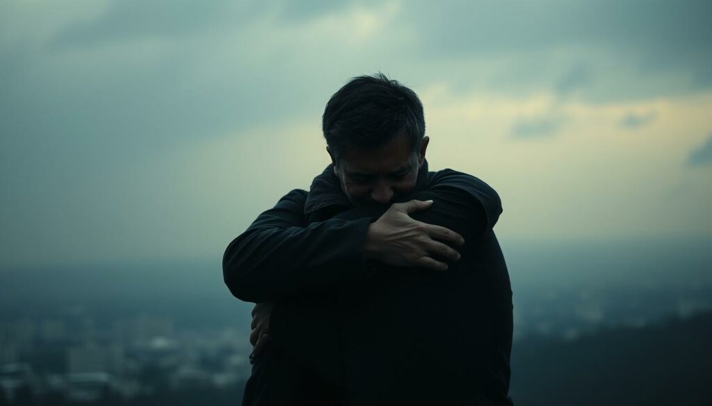 A harrowing father-son drama set against a moody, atmospheric backdrop. In the foreground, two figures locked in a tense, emotional embrace - a father and son, their faces etched with despair and regret. Muted lighting casts deep shadows, creating a sense of isolation and desperation. The middle ground is hazy, blurring the boundaries between reality and memory, as if time itself has slowed to a crawl. In the distant background, a cityscape shrouded in a veil of melancholy, reflecting the inner turmoil of the characters. An urgent, introspective tone pervades the scene, capturing the essence of a neglected relationship in a race against the relentless march of time.