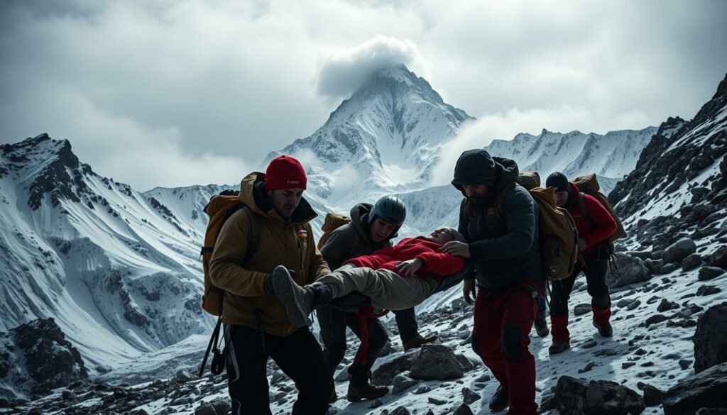 A harrowing rescue operation unfolding amidst the rugged, snow-capped peaks of the Laila mountain range. In the foreground, a team of mountaineers carefully transport an injured figure, their faces etched with determination and concern. The middle ground reveals the treacherous terrain, with jagged rocks and ice formations casting long shadows under the dim, overcast sky. In the distance, the towering, majestic Laila Peak stands guard, its summit shrouded in a veil of mist, a testament to the unforgiving nature of this alpine environment. The scene conveys a sense of urgency, the struggle to save a life against the unyielding forces of nature. Lighting is dramatic, with deep shadows and highlights accentuating the rugged, perilous landscape. The camera angle is low, placing the viewer amidst the action, heightening the sense of immersion and the gravity of the situation.