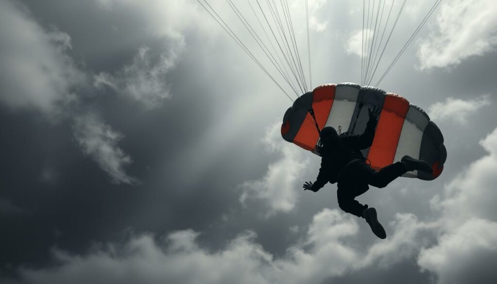 A harrowing scene of a tragic extreme sports accident. In the foreground, a daring athlete's parachute fails to deploy, their body hurtling downwards in a bone-chilling free-fall. Swirling clouds and a somber gray sky form the moody backdrop, adding to the sense of dread. Shafts of eerie, low-angled light cast dramatic shadows, emphasizing the perilous moment. The camera angle is tilted, heightening the disorientation and chaos of the devastating crash. An unsettling atmosphere of sorrow and finality permeates the image, capturing the tragic demise of a fearless adventurer.