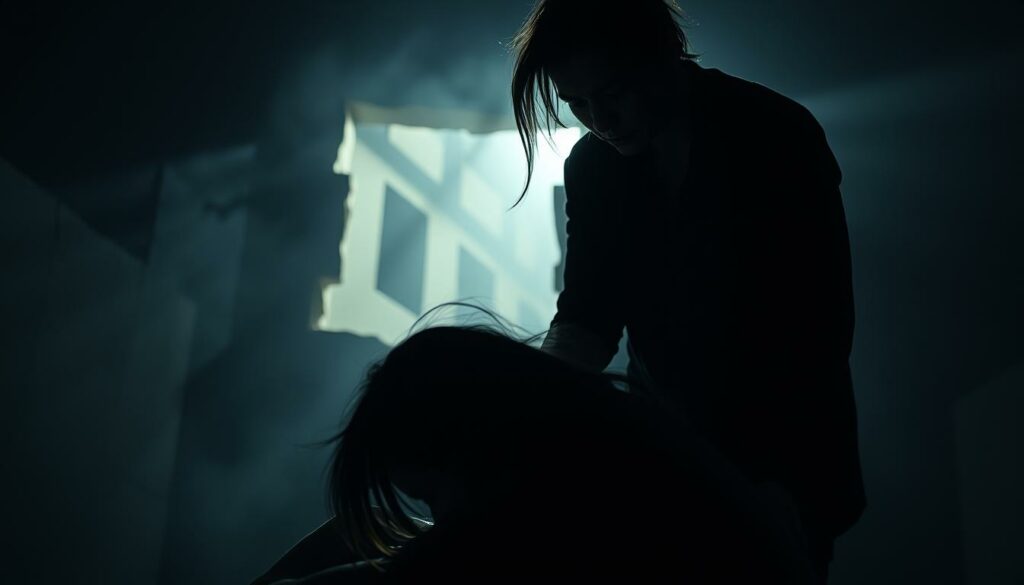 A harrowing scene of psychological abuse and manipulation. In the foreground, a figure looming over a cowering victim, their body language and facial expression conveying a sense of power and control. The victim's face is etched with fear and despair. In the middle ground, a fractured, distorted environment, walls closing in, shadows creeping. The background shrouded in a hazy, oppressive atmosphere, evoking a sense of isolation and helplessness. Dramatic chiaroscuro lighting, creating stark contrasts and unsettling shadows. The scene exudes a palpable tension, capturing the devastating impact of emotional and psychological torment.
