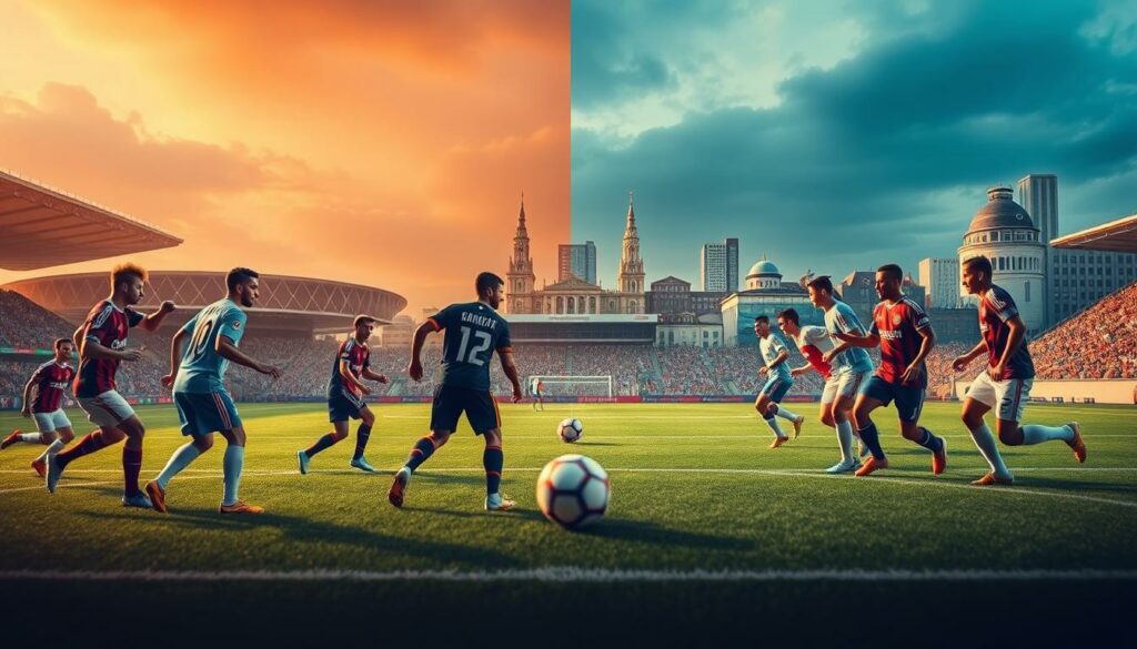 A head-to-head comparison of the Hamburg SV and FC Copenhagen football clubs, captured with a cinematic, documentary-style aesthetic. The foreground features the players from both teams in their distinctive uniforms, engaged in a competitive match on a meticulously rendered pitch. The middle ground showcases the iconic stadiums and cityscapes of Hamburg and Copenhagen, creating a sense of place. The background subtly hints at the shared European football heritage and the international stage on which these teams compete. Warm, golden lighting casts a reflective, contemplative mood, inviting the viewer to appreciate the strategic and cultural nuances that define these two storied clubs.