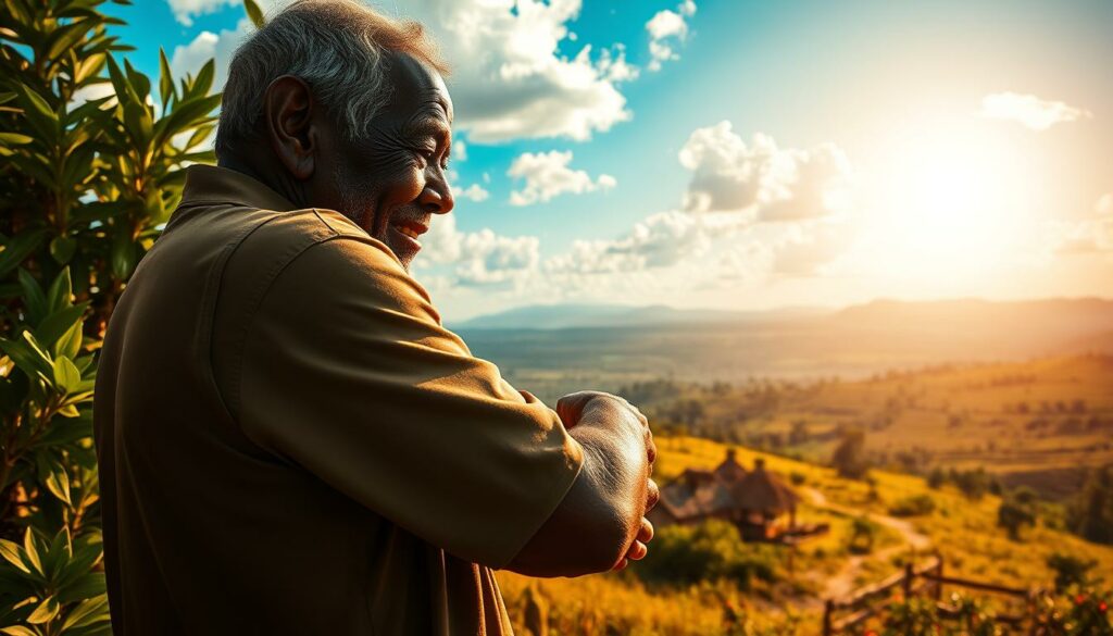 A heartwarming reunion between a father and his long-lost son in the lush, vibrant landscape of rural Africa. In the foreground, the two figures embrace, the father's weathered hands grasping his son's shoulders as tears of joy stream down their faces. The sun filters through the verdant foliage, casting a warm, golden glow on the emotional scene. In the middle ground, a small village with thatched-roof huts and a winding dirt path, suggesting the journey that led them to this moment. The background is a panoramic vista of rolling hills, a distant mountain range, and a brilliant blue sky peppered with fluffy white clouds, conveying a sense of tranquility and hope. The overall mood is one of profound relief, love, and the triumph of the human spirit.
