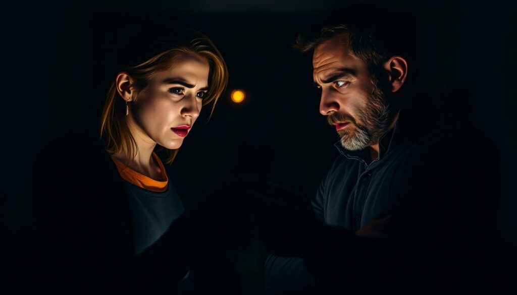 A heated argument between a couple, the man and woman intensely engaged in a heated discussion about smartphone usage in their relationship. Dim lighting casts shadows across their distressed faces, conveying the tense atmosphere. The woman gestures emphatically, her brow furrowed, while the man appears defensive, arms crossed as they argue. The background is blurred, drawing focus to the confrontation in the foreground. A moody, cinematic scene reflecting the escalating conflict and mistrust in their relationship.