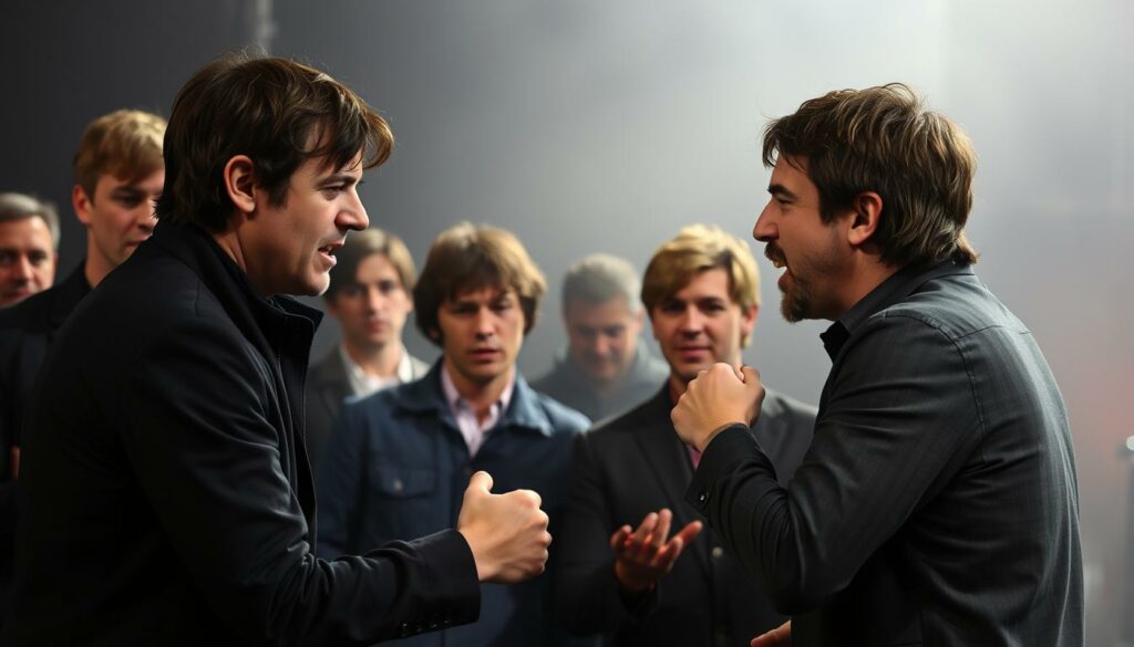 A heated argument between the Gallagher brothers, Paul and Noel, during a tense Oasis reunion. The foreground depicts the two siblings engaged in a heated confrontation, their faces contorted with anger, fists clenched as they exchange heated words. The middle ground shows the rest of the Oasis bandmates watching the altercation unfold, expressions ranging from concern to exasperation. The background is hazy, with the faint outline of a concert stage, conveying the tumultuous atmosphere of the Oasis comeback attempt. The lighting is dramatic, casting dramatic shadows and highlights that emphasize the intensity of the moment. The overall tone is one of family drama and the strain of reuniting a fractured band.