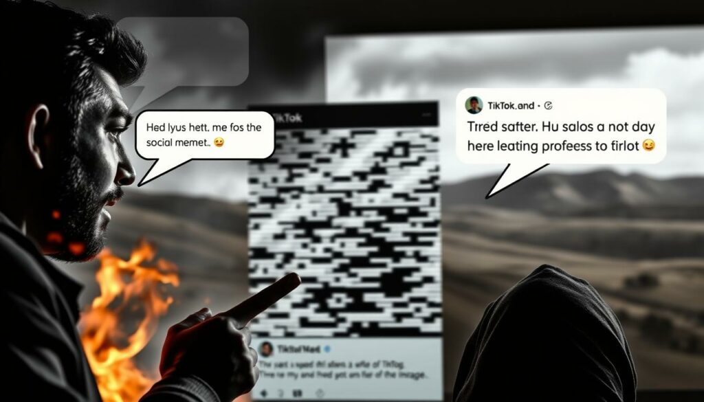 A heated argument erupts in the comments section of a TikTok post, as two social media users engage in a fiery exchange. In the foreground, digital speech bubbles and emotive expressions capture the intensity of the debate. The middle ground features a distorted, pixelated TikTok interface, reflecting the chaotic nature of online discourse. In the background, a blurred, abstract landscape serves as a metaphor for the broader social media landscape. The lighting is harsh and contrasty, casting dramatic shadows and highlighting the visceral emotions of the argument. The overall mood is one of tension, confrontation, and the pervasive influence of social media on interpersonal relationships.