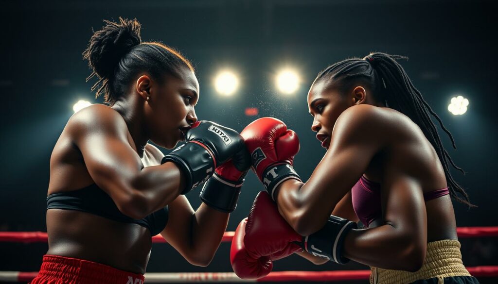 A heated clash between two fierce combat athletes, Walentina Doronina and Christin Okpara, in a dimly lit, gritty boxing ring. Intense spotlights cast dramatic shadows, heightening the tension as the fighters exchange powerful blows, their expressions etched with determination and a hint of animosity. The background fades into a blur, emphasizing the focal point of the fierce confrontation unfolding in the center of the frame. The image captures the raw energy and competitive spirit of this long-standing rivalry, conveying the high-stakes nature of their impending match.