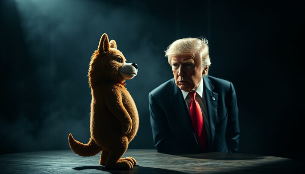 A heated confrontation between Doge, the iconic cryptocurrency mascot, and former US President Donald Trump, set against a backdrop of a turbulent political landscape. The Doge, with its playful yet resolute expression, stands its ground as Trump, depicted in a stern, authoritative pose, looms over it. Dramatic lighting casts long shadows, heightening the tension in the scene. The setting is a dimly lit room, hinting at the behind-the-scenes power struggles and clashing ideologies that have defined their public feud. The image conveys a sense of unease and uncertainty, reflecting the complex and often contentious relationship between the cryptocurrency community and traditional political forces.