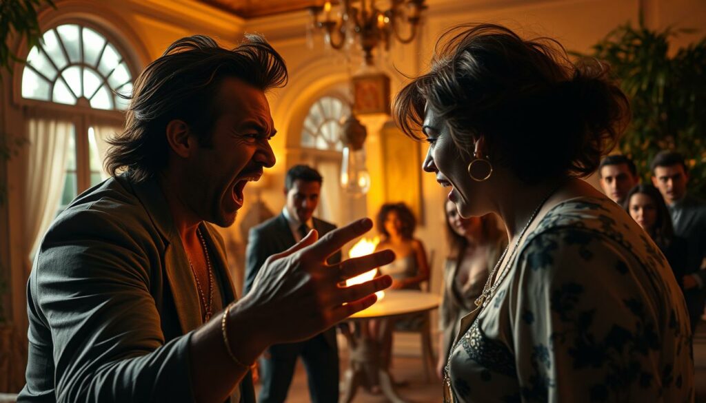 A heated confrontation erupts in the lush, opulent setting of the "Villa der Versuchung." In the foreground, Rauswurf Gigi, their face twisted with rage, gesticulates furiously, the aftermath of a stolen cigarette now a catalyst for a dramatic showdown. The middle ground captures the tension-filled scene, with other villa residents observing the altercation with a mix of concern and anticipation. The background bathes the villa in a warm, golden glow, contrasting the emotional turmoil unfolding. Dramatic shadows and dramatic lighting accentuate the gravity of the situation, as the consequences of the "Kippen-Klau Zoffs" play out in vivid detail.