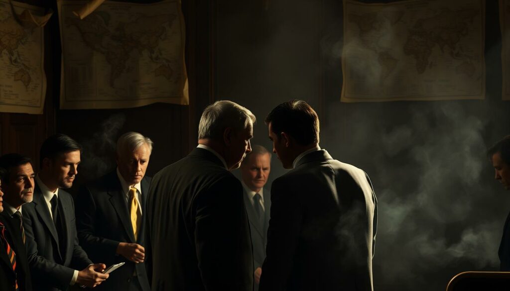 A heated constitutional court judge selection process, with clashing political factions and tension in the air. A dimly lit, smoke-filled room, the walls adorned with tattered maps and legal documents. Shadows cast across the faces of the key players, their expressions intense as they debate the fate of the nation. In the foreground, a tense standoff between two figures, their body language conveying the high stakes and uncompromising positions. The atmosphere is one of high drama, uncertainty, and the weight of history hanging in the balance.