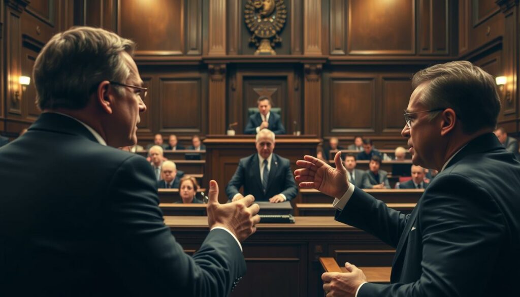 A heated courtroom scene in Italy, with lawyers passionately arguing before a stern-faced judge. The foreground features two opposing counsel, their expressions intense as they gesture emphatically. The middle ground showcases the judge, presiding over the proceedings with an air of authority. In the background, rows of wooden benches hold onlookers, their faces etched with interest. The lighting is dramatic, casting deep shadows and highlighting the tension in the room. The scene is captured with a wide-angle lens, emphasizing the gravity of the legal dispute unfolding.