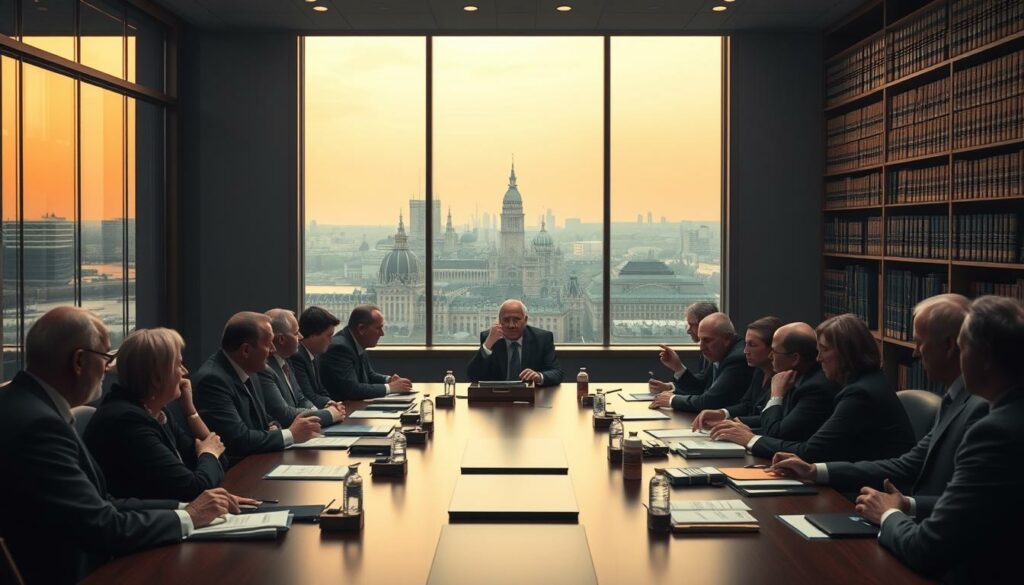A heated debate over German vacation regulations unfolds in a dimly lit government office. In the foreground, officials in formal attire gather around a large conference table, gesturing animatedly as they discuss the contentious issue. The middle ground reveals a panoramic view of the German state capitals through floor-to-ceiling windows, casting a muted, amber glow across the scene. In the background, a towering bookshelf filled with legal tomes looms, hinting at the complex bureaucratic framework underlying the dispute. The atmosphere is tense yet professional, capturing the gravity of the ongoing conflict over Germany's vacation scheduling policies.