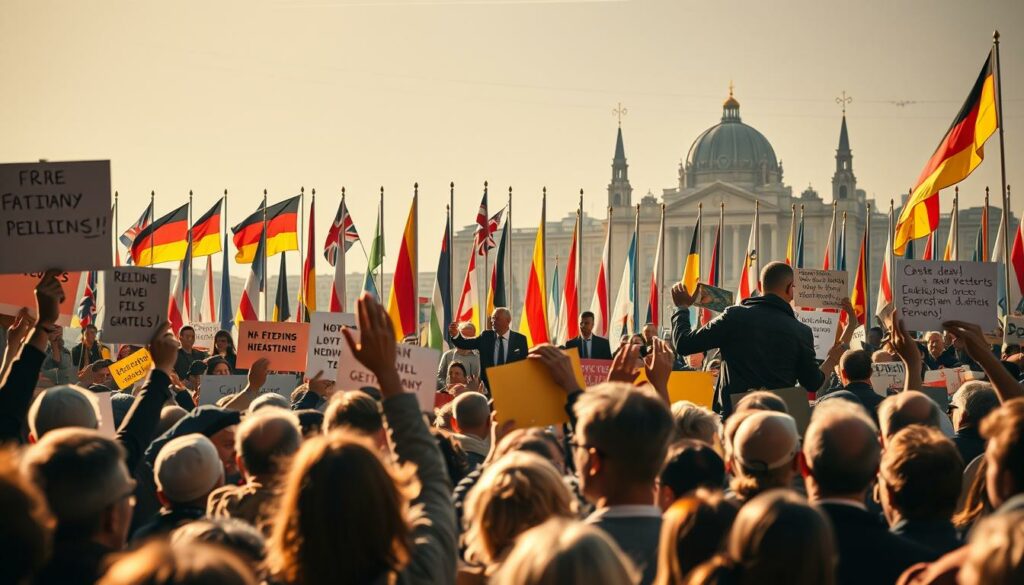 A heated debate unfolds across German state borders, as state leaders clash over the contentious holiday scheduling rules. In the foreground, protestors gather, raising placards and banners that voice their dissent against the proposed state-specific policies. The middle ground captures the tense negotiations, with politicians engaged in impassioned discussions, gesturing animatedly. In the background, a mosaic of state flags and silhouettes of government buildings set the stage for this nationwide controversy. The scene is illuminated by warm, natural lighting, conveying a sense of urgency and the weight of the decision at hand. The overall mood is one of spirited debate, as diverse perspectives collide in the pursuit of a harmonized, equitable solution for students and families across Germany.