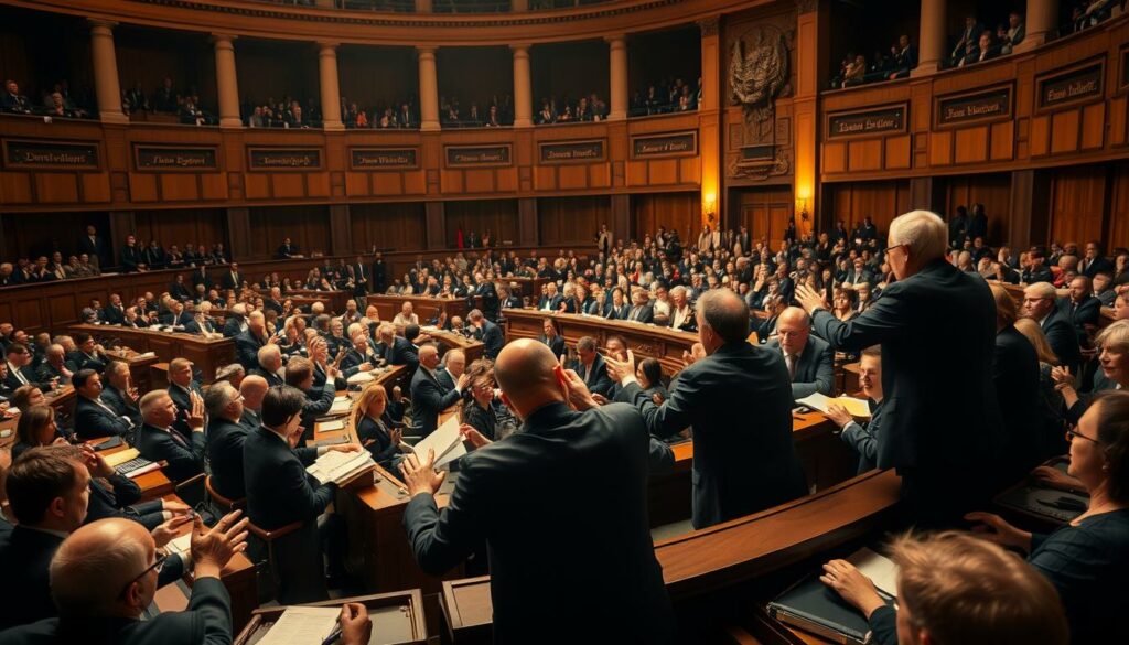 A heated political debate in the German Bundestag, the country's legislative body. The chamber is filled with lawmakers passionately arguing, their gestures and expressions conveying the intensity of the discourse. Warm lighting casts dramatic shadows, heightening the sense of drama. The scene is framed from a slightly elevated perspective, capturing the grand architecture and scale of the historic chamber. Tension and conflict are palpable in the air, reflecting the high-stakes, polarized nature of the discussion. The image should evoke a sense of the political theater unfolding, with opposing factions locked in a fierce battle of words and ideas.