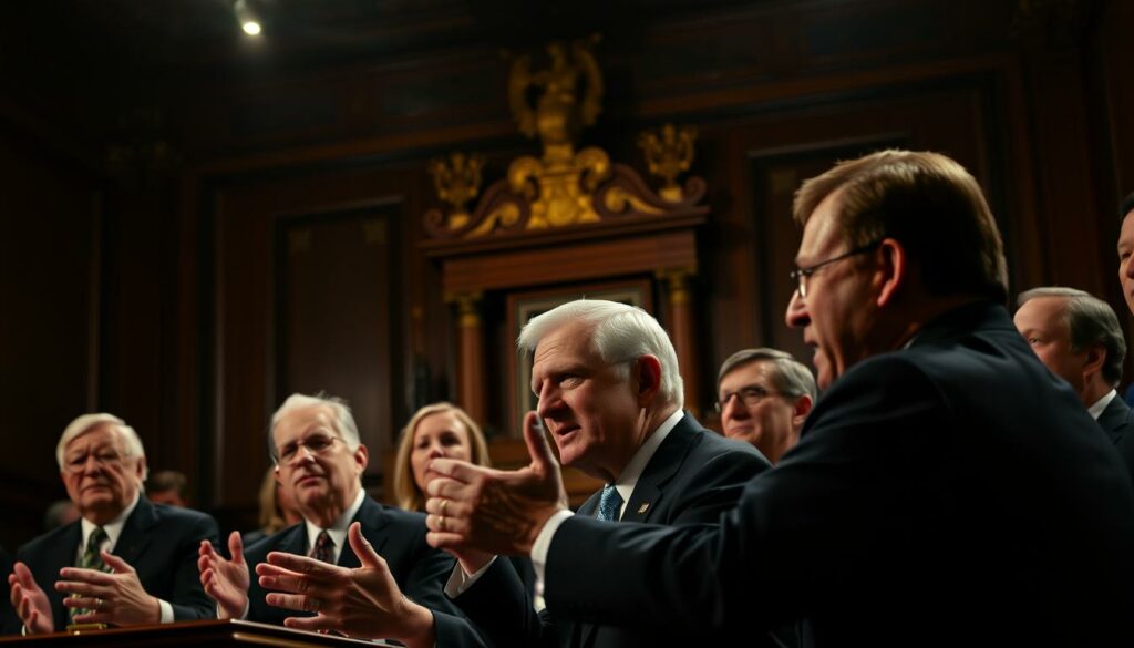 A heated political debate on social security reform takes place in a dimly lit, wood-paneled chamber. Intense expressions on the faces of lawmakers as they gesticulate passionately, caught in a moment of impassioned discussion. Dramatic lighting casts dramatic shadows, creating an atmosphere of high-stakes deliberation. In the background, an ornate, imposing podium looms, underscoring the gravity of the proceedings. The scene conveys the gravity and importance of the debate around reforming the social safety net, with the participants deeply engaged in the process.
