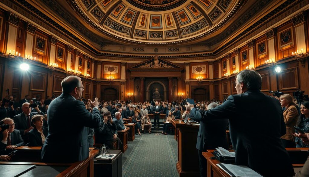 A heated political debate unfolding in a grand, ornate chamber. In the foreground, impassioned politicians stand at podiums, gesturing animatedly as they voice their grievances against Bavaria's vacation policy. The middle ground is a sea of tension, with onlookers and journalists capturing the moment with cameras and notepads. In the background, a grand, domed ceiling casts a warm, golden light over the scene, lending an air of historic significance to the unfolding events. The mood is one of intense political drama, with high stakes and charged emotions permeating the air. Dramatic chiaroscuro lighting and a cinematic, wide-angle perspective heighten the sense of gravity and importance.