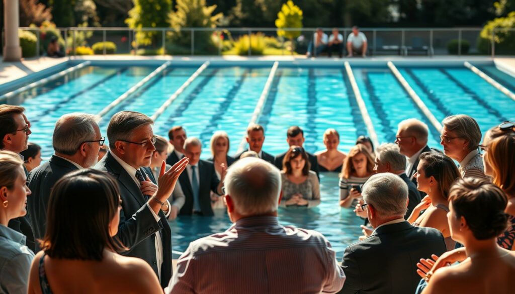 A heated political debate unfolds in a tranquil Swiss swimming pool setting. In the foreground, a group of gesticulating politicians engage in a passionate discussion, their expressions reflecting the tension of the moment. The middle ground features a diverse crowd of concerned citizens, some nodding in agreement, others shaking their heads in dismay. The background reveals the serene beauty of the pool, its calm waters and lush greenery in sharp contrast to the heated exchange. Warm afternoon sunlight filters through the scene, casting dramatic shadows and highlights that accentuate the drama unfolding. The overall atmosphere conveys the weight and gravity of the political issue at hand, as the community grapples with the complex social and cultural implications of the pool's exclusionary policies.