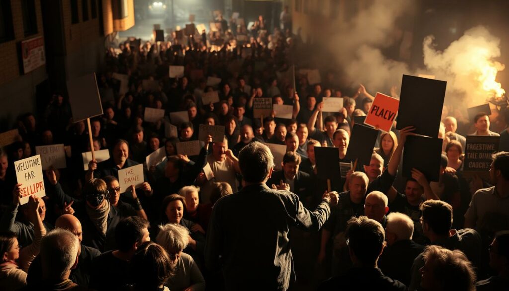 A heated town square, crowds of people engaged in heated debate, signs and placards held high. In the foreground, a figure stands at the center, drawing attention as the focal point of the controversy. Dramatic chiaroscuro lighting casts shadows and highlights, creating a sense of intensity and high emotion. In the background, a swirling mass of onlookers, their expressions ranging from outrage to intrigue. The scene conveys the turbulent public reaction to a divisive issue, capturing the drama and tension of a societal controversy.