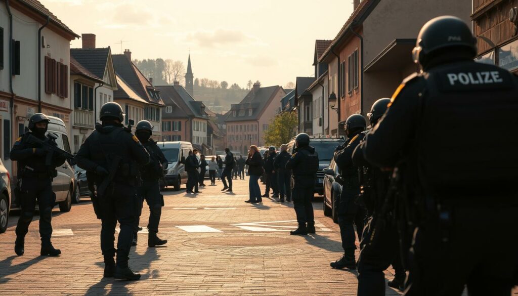 A heavily armed police operation unfolding on the streets of Burladingen. In the foreground, a squad of tactical officers in full combat gear surround a target building, their assault rifles at the ready. The middle ground reveals a tense standoff, with police vehicles and officers blocking off the area as civilians watch from a safe distance. In the background, the quaint town of Burladingen provides a striking contrast, its historic architecture and quiet streets juxtaposed against the dramatic scene. Dramatic shadows cast by the late afternoon sun lend an air of urgency, while the faint sounds of sirens and shouted commands heighten the sense of unfolding crisis. The overall atmosphere is one of high-stakes tension and uncertainty, conveying the gravity of the Polizeieinsatz unfolding in this sleepy German town.