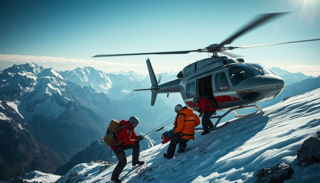 A helicopter hovers above a rugged, snow-capped mountain peak, its blades churning the crisp alpine air. The rescue team, clad in specialized gear, carefully extracts a motionless figure from the treacherous terrain, their faces etched with determination and concern. The scene is bathed in a dramatic mix of natural and artificial light, casting long shadows and creating a sense of urgency and high-stakes drama. The background is a panoramic vista of towering, jagged mountains, their slopes dotted with patches of snow and ice, conveying the formidable challenges of the rescue operation. The overall tone is one of intensity, heroism, and the fragility of human life in the face of the unyielding power of nature.