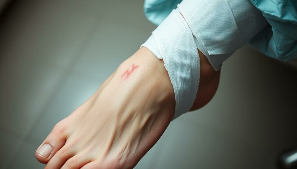 A high-angle, close-up view of a human ankle in the process of recovery after a surgical procedure. The joint is partially wrapped in medical bandages, with visible stitches and a slightly swollen, bruised appearance. The skin tones are natural and flesh-colored, with a hint of redness indicating the ongoing healing process. The lighting is soft and diffused, creating a calm, clinical atmosphere. The background is blurred, keeping the focus on the injured ankle and the details of the rehabilitation process. The overall mood is one of gradual progress and the patient's determination to regain full mobility.