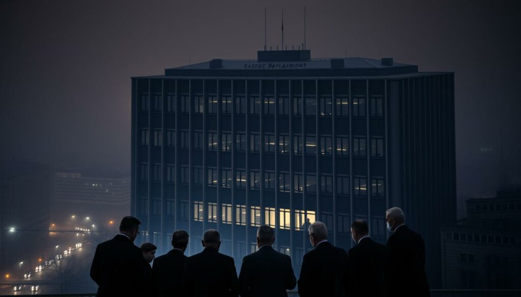 A high-angle shot of the European Union headquarters in Brussels, the Berlaymont building, in a somber, pensive atmosphere. The facade is illuminated by moody, dramatic lighting, casting long shadows across the scene. In the foreground, a group of diplomats and politicians stand in a tense, contemplative huddle, their body language reflecting the gravity of the "EU-Verhandlungen Reaktionen" they are discussing. The background is hazy, blurring the surrounding cityscape to focus attention on the central figures and their diplomatic deliberations.