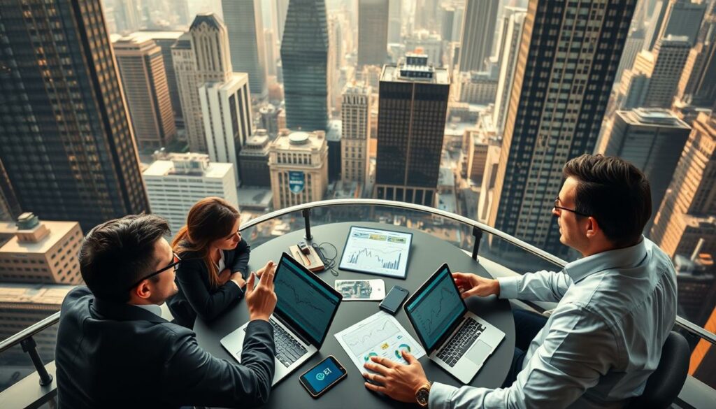 A high-angle view of a bustling financial district, with skyscrapers and office buildings in the background. In the foreground, a group of analysts sitting around a table, deeply engaged in discussion, gesticulating and studying various financial reports and charts displayed on their laptops and tablets. The lighting is warm and natural, creating a sense of intensity and focus in the scene. The mood is one of serious contemplation, as the analysts meticulously analyze the latest developments in the technology sector, particularly the impact of AI chip advancements on the market. The camera angle and lens capture the scene with a sense of dynamic energy and professional urgency.
