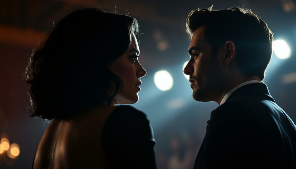 A high-contrast, cinematic portrait of Katy Perry and Orlando Bloom, their faces turned away from each other, conveying a sense of emotional distance and the breakdown of their 9-year relationship. The lighting is dramatic, with stark shadows and highlights, evoking the melancholy and tension of their separation. The background is blurred, placing the focus squarely on the couple's expressions and body language, which suggest a palpable sadness and unresolved issues between them. The overall mood is one of melancholy and reflection, capturing the bittersweet end of a once-vibrant partnership.