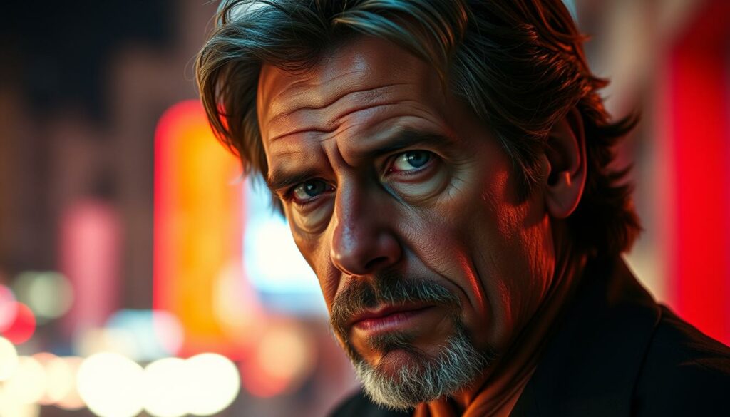 A high-contrast, cinematic portrait of a rugged-looking, middle-aged Don Johnson, with a slightly pensive expression on his face. The lighting is dramatic, casting deep shadows and highlights to accentuate his chiseled features. He is framed against a blurred, neon-tinged cityscape, suggesting the glamour and intensity of his celebrity lifestyle. The composition is tightly cropped, drawing the viewer's attention to the subject's weathered yet charismatic face, evoking the scandals and media attention that have surrounded his personal life over the years.