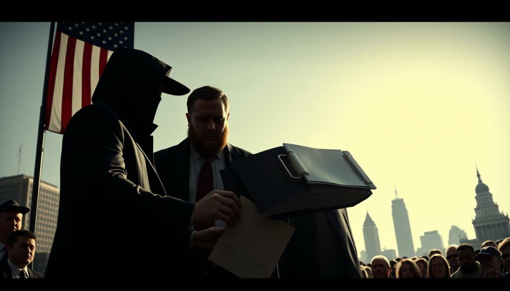 A high-contrast, cinematic scene depicting the extradition of Kim Dotcom to the United States. In the foreground, a shadowy government official hands over legal documents to a stern-faced Dotcom, their expressions tense and unyielding. Behind them, a towering American flag casts an ominous presence, hinting at the geopolitical forces at play. The middle ground features a crowd of onlookers, their faces etched with a mix of curiosity and unease. In the background, the silhouettes of skyscrapers and government buildings loom, conveying a sense of the multinational, high-stakes nature of the proceedings. The lighting is dramatic, with harsh shadows and highlights that amplify the gravity of the moment. The overall tone is one of foreboding and unresolved conflict.