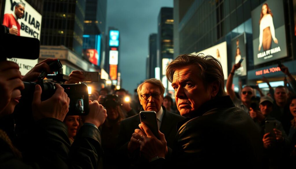 A high-contrast, cinematic scene of public scandals and controversies. In the foreground, a cluster of paparazzi cameras flash furiously, capturing the strained expressions of a famous figure caught in a media frenzy. The middle ground features a chaotic crowd of onlookers, phones aloft, eagerly recording the unfolding drama. In the background, a backdrop of towering skyscrapers and neon-lit billboards suggest an urban, fast-paced environment where reputations can rise and fall in an instant. Dramatic chiaroscuro lighting casts dramatic shadows, heightening the sense of tension and spectacle. The overall atmosphere conveys the intense public scrutiny, social media furor, and relentless media attention that often surrounds high-profile scandals and controversies.