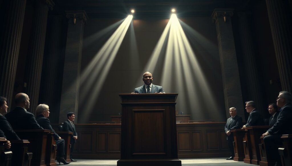 A high-contrast courtroom scene in New York City, featuring a central podium where a prosecutor presents damning evidence against a defendant. The defendant, Diddy, stands solemnly, surrounded by his legal team. The judge presides over the proceedings, flanked by imposing stone columns and a grand, paneled backdrop. Shafts of dramatic lighting pierce the somber atmosphere, casting dramatic shadows across the faces of the key figures. The mood is tense and foreboding, reflecting the gravity of the charges Diddy faces. The scene is captured through a wide-angle lens, emphasizing the formality and weight of the judicial setting.