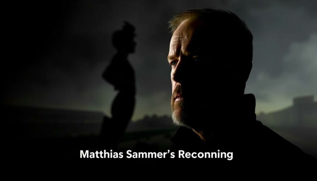 A high-contrast, dramatic portrait of Matthias Sammer, former German footballer and manager, delivering a scathing critique. Sammer stands in the foreground, his expression intense and unwavering, casting an imposing silhouette against a dimly lit, abstract background. Dramatic chiaroscuro lighting accentuates the shadows on his face, conveying a sense of gravity and seriousness. The middle ground features a distorted, fragmented landscape, hinting at the German football landscape he seeks to dismantle. In the background, blurred and hazy forms suggest the average, mediocre players and systems he condemns. The overall tone is one of a fierce, uncompromising assessment, befitting the "Matthias Sammer's Reckoning" section of the article.