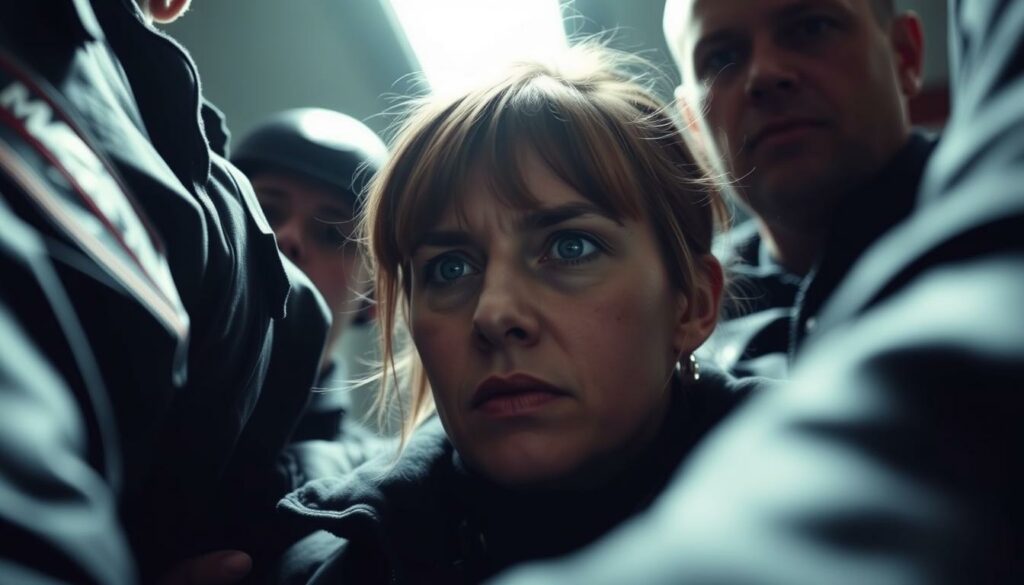 A high-contrast, low-angle photograph of Daniela Klette, a former member of the Red Army Faction (RAF) terrorist group, being apprehended by law enforcement officials. The scene is tense and dramatic, with Klette's face in sharp focus, her expression tense and determined. The background is blurred, emphasizing the intensity of the moment. The lighting is harsh, casting dramatic shadows and highlighting the urgency of the situation. The camera angle is low, looking up at Klette, conveying a sense of power and authority of the law enforcement officers. The overall mood is one of suspense and high stakes, reflecting the gravity of Klette's alleged crimes and the significance of her capture.