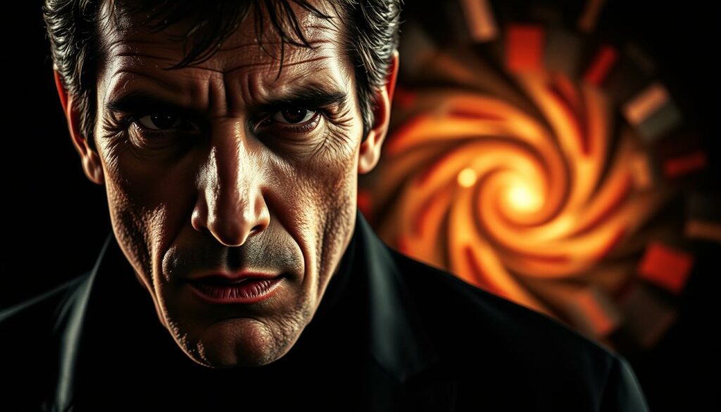 A high-contrast portrait of Adriano Celentano, the iconic Italian singer and actor, caught in a moment of scandal and controversy. The foreground focuses on his intense, brooding gaze and chiseled features, conveyed through bold, dramatic lighting that casts deep shadows across his face. In the middle ground, a swirling background of blurred shapes and colors suggests the turbulent nature of the scandals that have surrounded Celentano's life and career. The overall tone is one of intrigue, tension, and the power of celebrity culture, capturing the essence of the "Skandale" section of the biography.