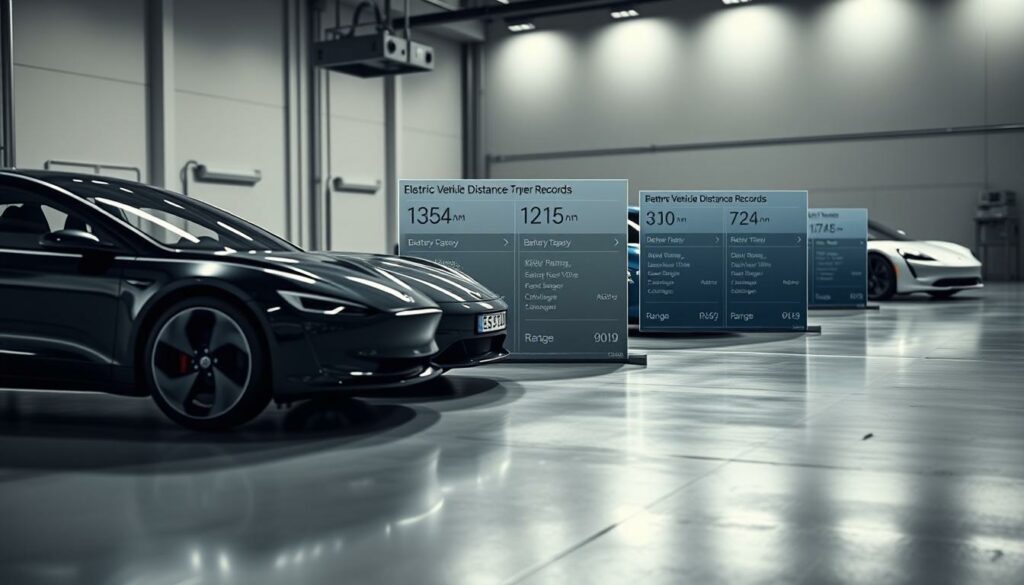 A high-contrast, wide-angle photograph of a side-by-side comparison of several prominent electric vehicle distance records, showcasing their key specifications and achievements. The foreground features the vehicles themselves, rendered in sleek, detailed models with subtle reflections on their glossy exteriors. The middle ground displays clear, legible data panels highlighting the range, battery capacity, and other technical details for each record-breaking EV. The background is a minimalist, industrial setting with a sense of scale, perhaps a testing facility or research laboratory. Dramatic, directional lighting casts dramatic shadows, heightening the technical and competitive nature of the subject matter. The overall composition conveys a sense of technological advancement and the ongoing pursuit of increased electric vehicle capabilities.