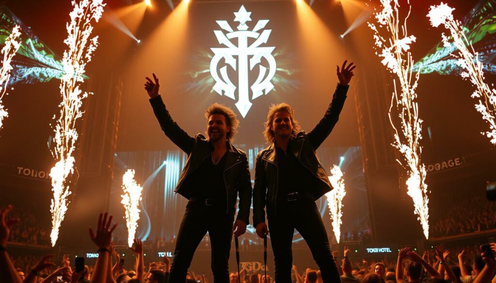 A high-energy performance by the German pop rock band Tokio Hotel, featuring the Kaulitz twins Bill and Tom, basking in the glow of their immense success. The stage is adorned with cutting-edge lighting and pyrotechnics, creating an electrifying atmosphere. The brothers command the spotlight, their distinct styles and stage presence captivating the audience. In the background, a towering backdrop showcases the band's iconic logo, symbolizing their global fame and influence. The image conveys the wealth and extravagance associated with the Kaulitz brothers' musical empire, hinting at the substantial fortunes they have amassed through their remarkable career.