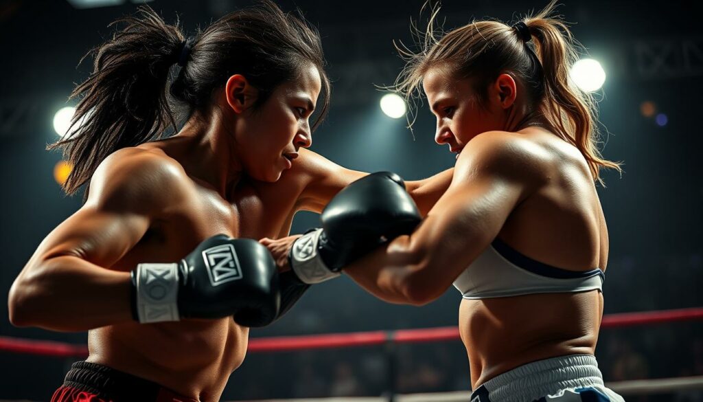 A high-intensity combat scene featuring two women fighters in the ring, their bodies in motion, sweat glistening, muscles taut. Bright, dramatic lighting casts dramatic shadows, highlighting the tension and drama of the match. The fighters' expressions are intense, determined, locked in a fierce battle. The background is blurred, drawing the focus to the central action. The scene conveys the raw power, skill, and competitive spirit of the two combatants as they clash in an epic display of athletic prowess and fighting spirit.