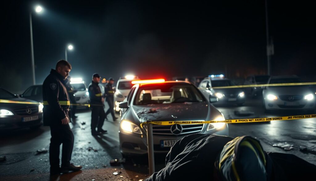 A high-intensity crime scene investigation, the focus of intense scrutiny. Uniformed officers comb the area, meticulously documenting every detail. Bright floodlights illuminate the Mercedes, its shattered windows and bullet-ridden exterior a stark testament to the violence that transpired. In the foreground, a lone detective examines the body, brow furrowed in concentration. The background shrouded in a moody chiaroscuro, conveying the weight of the unsolved mystery. Shadows loom, hinting at unanswered questions. Tension palpable, the image capturing the essence of this pivotal "Ermittlungen im Fokus" - a high-stakes investigation where every clue could unlock the truth.