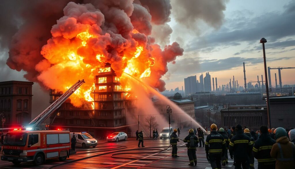 A high-intensity firefighting operation at the center of Essen, Germany. The foreground depicts a team of firefighters in full protective gear wielding powerful hoses, battling a blaze that engulfs a multi-story building. Thick plumes of smoke billow from the structure, illuminated by the flickering flames. In the middle ground, emergency vehicles with flashing lights surround the scene, while onlookers watch from a safe distance. The background is a cityscape of Essen, with towering skyscrapers and the iconic Zollverein coal mine complex visible on the horizon. The image conveys a sense of urgency, chaos, and the dedication of the firefighters as they work to contain the emergency situation.