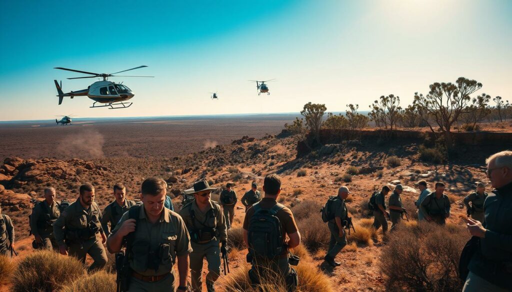 A high-intensity search operation in the rugged Australian outback, with helicopters sweeping over a vast, sun-drenched landscape. In the foreground, a team of determined searchers on foot, scanning the terrain with intense focus, their expressions conveying the urgency of the task at hand. The middle ground reveals a sprawling expanse of rocky hills and sparse vegetation, the light casting long shadows that add depth and drama to the scene. In the distance, the horizon is framed by towering eucalyptus trees, their weathered trunks silhouetted against a brilliant azure sky. The overall atmosphere is one of tense concentration, as the search continues for the missing backpacker, with the weight of the operation palpable in every detail.