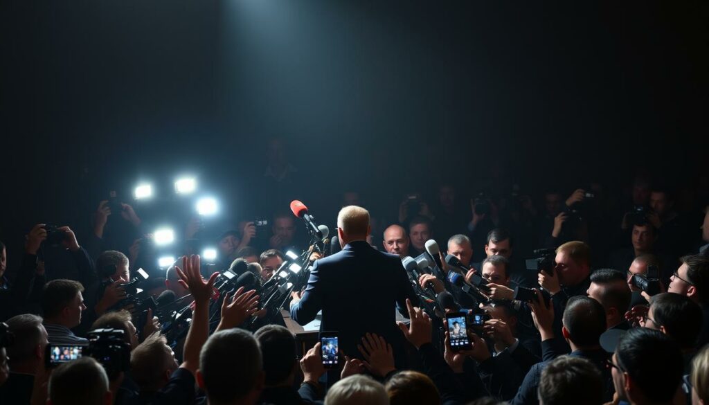 A high-profile media frenzy unfolds against a backdrop of a crowded press conference room. In the foreground, a beleaguered public figure stands at a podium, surrounded by a swarm of reporters and flashing cameras capturing the intense scrutiny. The middle ground is a sea of microphones and outstretched hands, creating a tangible sense of the overwhelming public attention. In the dimly lit background, silhouettes of spectators and onlookers create an atmosphere of heightened drama and tension. Dramatic lighting casts sharp shadows, emphasizing the weight of the situation. The scene conveys the powerful media spotlight and public discourse surrounding a controversial event.