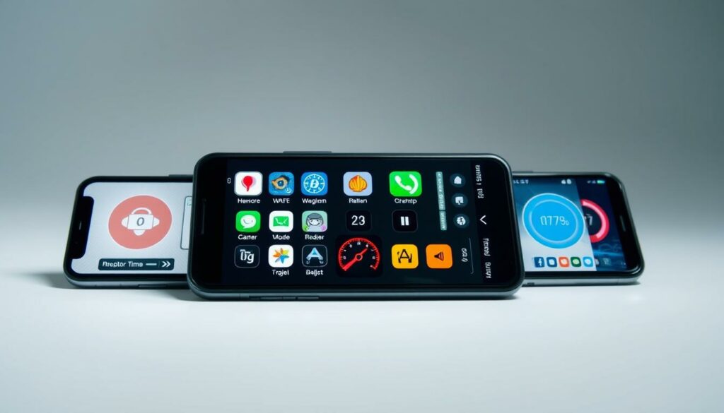 A high-quality photograph showcasing a comparison of various radar detector and speed camera detection mobile applications. The scene depicts a modern smartphone screen displaying multiple app icons and UI elements, surrounded by a minimalist white background. The lighting is soft and diffuse, creating a clean and professional look. The camera angle is slightly angled to provide a dynamic perspective, highlighting the interactivity and user-friendly design of the apps. The overall mood is informative and educational, reflecting the technical nature of the topic while maintaining a visually appealing aesthetic.