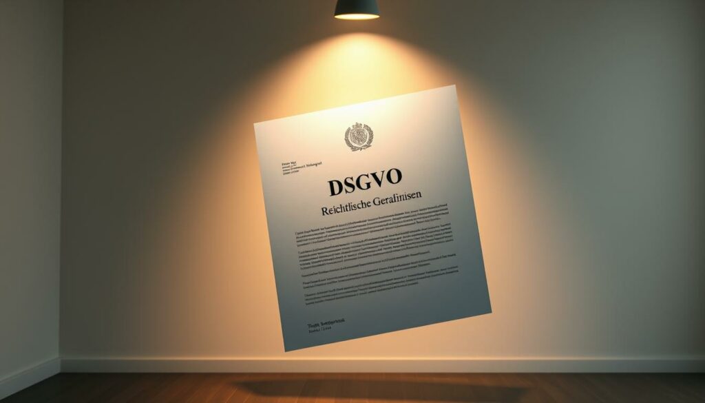 A high-resolution, detailed legal document titled "DSGVO Rechtliche Grundlagen" floating in a serene, dimly lit room. The document is illuminated by a warm, focused light, casting soft shadows that accentuate its crisp, official typography and official government seal. The background is a neutral, muted palette, allowing the document to take center stage. The composition is balanced, with the document slightly off-center, creating a sense of depth and drawing the viewer's attention. The overall mood is one of authority, professionalism, and the importance of legal compliance.