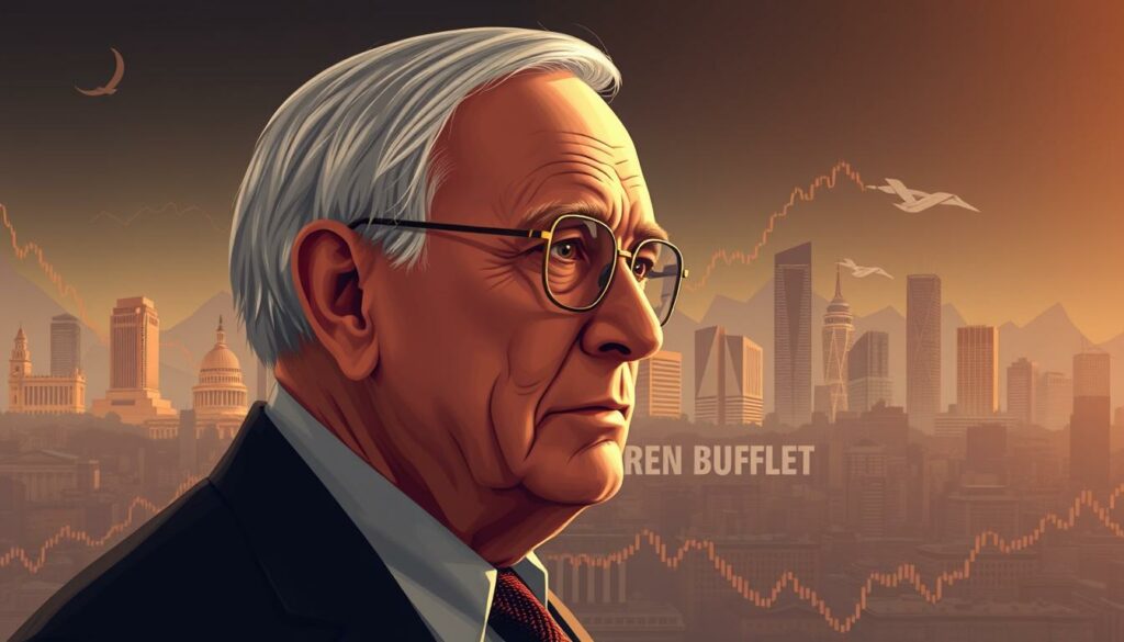 A high-resolution digital illustration depicting Warren Buffett's evolving investment strategy. In the foreground, Buffett is shown contemplatively gazing off-frame, his characteristic wise expression conveying deep contemplation. The middle ground features a series of iconic American companies, each surrounded by abstract visual metaphors representing Buffett's renowned value investing approach. In the background, a dynamic landscape of shifting financial charts, graphs, and data visualizations symbolizes the changing economic landscape Buffett navigates. The scene is bathed in warm, muted lighting that evokes a sense of timeless wisdom and experienced perspective. Subtle cinematic camera angles and depth of field focus the viewer's attention on Buffett's pensive visage and the core elements of his evolving investment strategy.