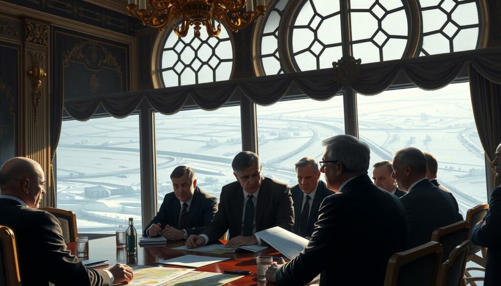 A high-resolution digital painting depicting the reactions of the European Union to the escalating situation at the Belarus-Poland border. The scene shows a tense gathering of EU officials and diplomats in a grand, ornate conference room, deep in discussion. Dramatic lighting casts shadows and highlights the concerned expressions on their faces as they pore over maps and documents. In the background, a large window offers a view of the snowy, turbulent border, emphasizing the gravity of the geopolitical crisis they are grappling with. The overall mood is one of urgency and diplomatic weight as the EU coordinates its response to the Belarusian regime's use of migrants as a political weapon.