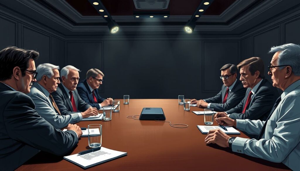 A high-resolution digital painting of a political expert analysis, depicted as a tense, formal discussion among a panel of experts seated around a conference table. The room has a somber, serious atmosphere, with muted colors and dramatic lighting from overhead spotlights. The experts are drawn in a realistic, lifelike style, with distinct facial features and expressions conveying deep concentration and contemplation. The table is adorned with notebooks, pens, and water glasses, suggesting an important, high-stakes meeting. The background is slightly blurred, placing the focus on the panel of experts as they debate and analyze the dramatic political situation described in the article.