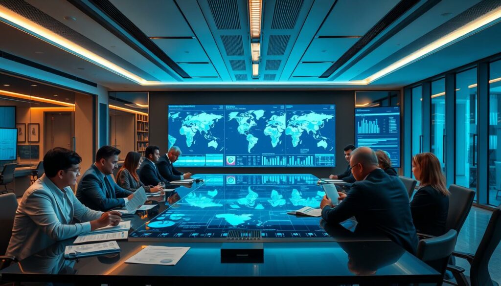 A high-resolution image of a financial investigation scene, showcasing the international cooperation and coordination between law enforcement agencies. In the foreground, a large conference table with representatives from various countries, discussing documents and evidence. Mid-ground, a digital display board with maps, timelines, and financial data, highlighting the global scale of the investigation. In the background, an expansive, modern office space with floor-to-ceiling windows, conveying a sense of authority and professionalism. The lighting is a combination of warm, overhead office lighting and cooler, blue-tinted display screens, creating a sophisticated, focused atmosphere. The overall scene should convey a sense of a complex, multi-jurisdictional financial investigation underway.