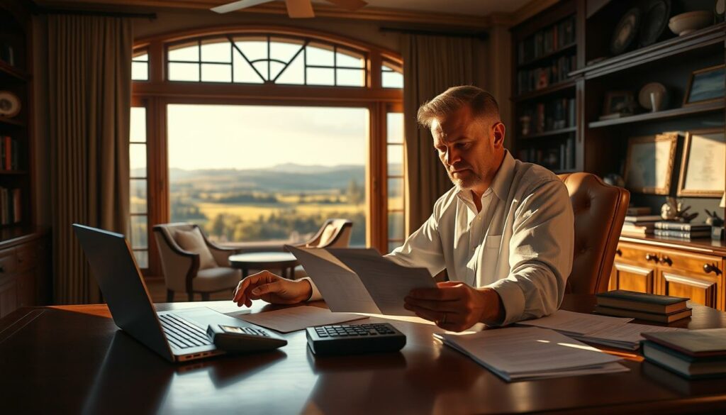 A high-resolution, photorealistic image of Kevin Costner sitting at a large wooden desk, with a laptop, paperwork, and a calculator in front of him. The lighting is warm and directional, casting dramatic shadows across his face as he intently reviews his financial documents. The background is a tastefully appointed home office, with bookshelves, framed awards, and a panoramic window overlooking a scenic countryside. The overall mood is one of serious contemplation, reflecting Costner's focus on managing his substantial personal wealth and business ventures.