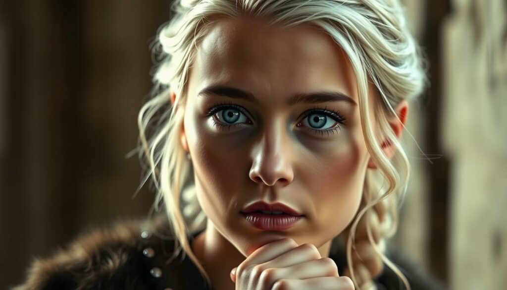 A high-resolution, photorealistic portrait of Emilia Clarke, the famous English actress known for her role as Daenerys Targaryen in the HBO series Game of Thrones. She is shown in a thoughtful, contemplative pose, gazing directly at the camera with her striking blue-grey eyes. The lighting is soft and warm, highlighting the delicate features of her face and the natural beauty of her skin. The background is blurred, placing the focus entirely on her captivating presence. The image conveys a sense of elegance, sophistication, and the wealth and success that Emilia Clarke has achieved through her remarkable acting career.